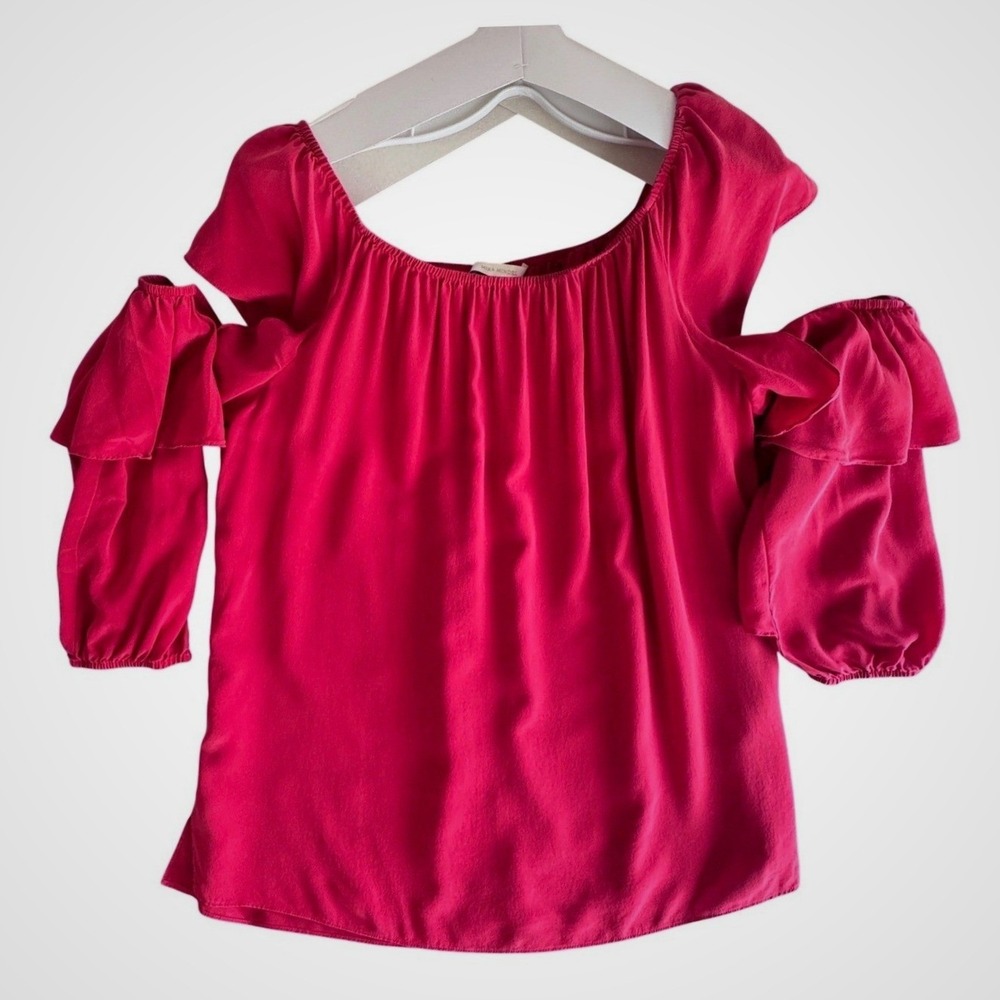 Mika Mindel Silk Cold Shoulder Ruffle Blouse Pink Fuchsia XL AP7B04‎